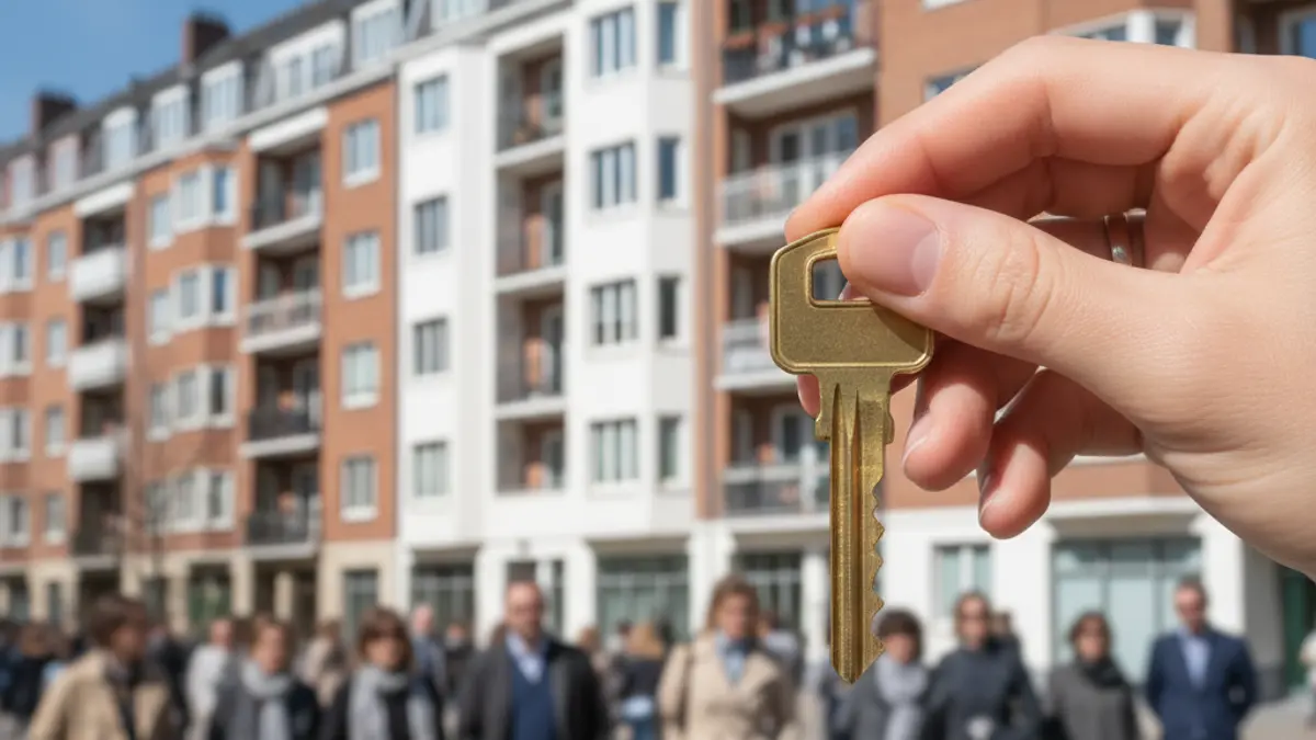 Imatge genèrica d'una mà sostenint una clau de casa, amb edificis d'apartaments desenfocats al fons.
