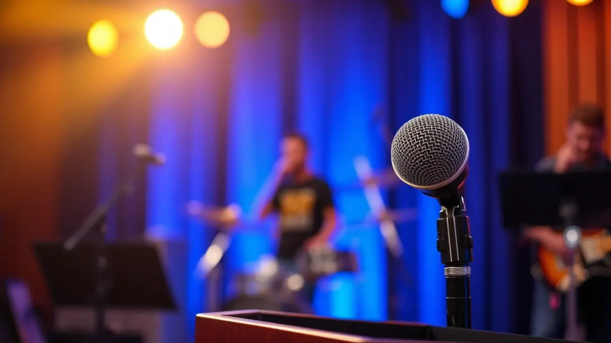 Imagen genérica de un micrófono en un podio, con instrumentos musicales borrosos al fondo, representando un evento de la industria musical.