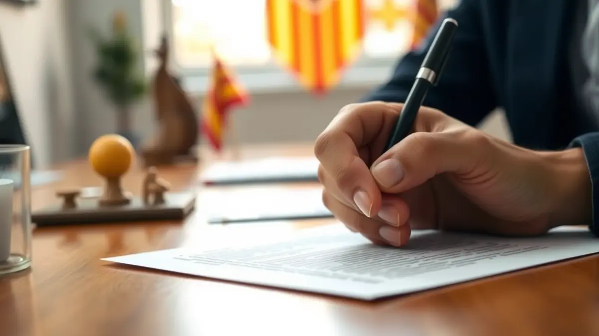 Image of a hand signing a document, with Valencian cultural symbols in the background.