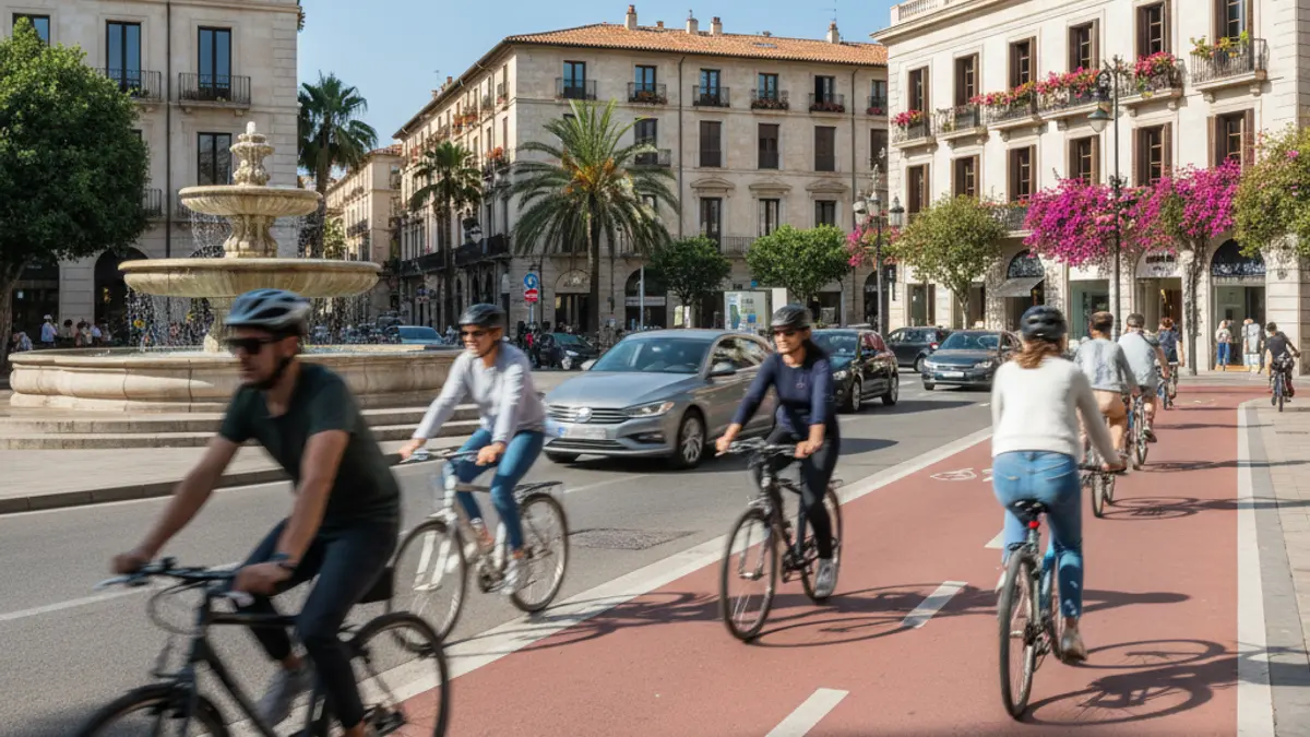 Imatge genèrica d'un carril bici en una ciutat mediterrània, amb ciclistes i vehicles en segon pla.