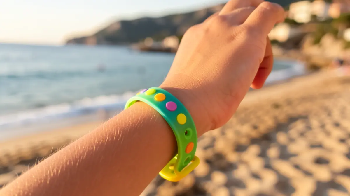 Imagen genérica de una pulsera identificativa infantil en una playa.