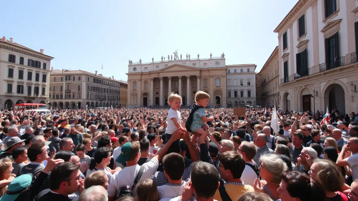 Image of a crowd in a historic square in Valencia during a religious procession, showing emotion and devotion.