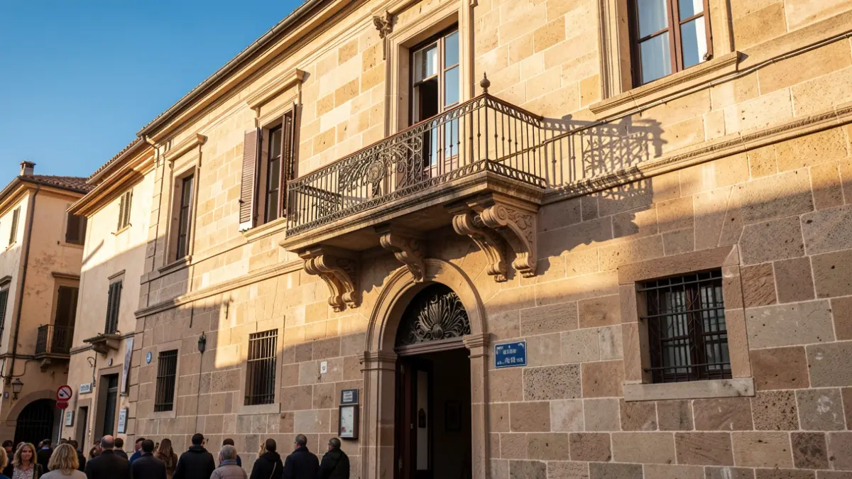 Imatge genèrica d'un edifici oficial amb balcó i baranes de ferro, il·luminat pel sol de la vesprada.