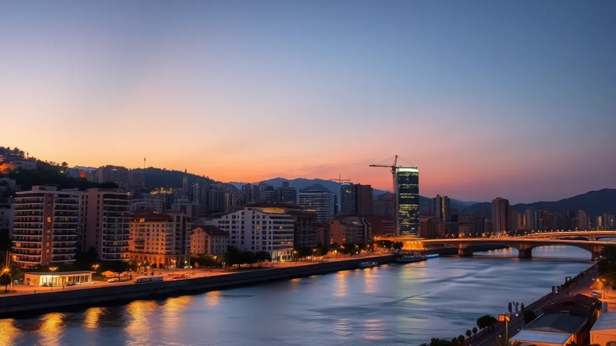 Generic image of a modern city skyline at dusk, with illuminated buildings and a river reflecting the lights, representing urban growth.