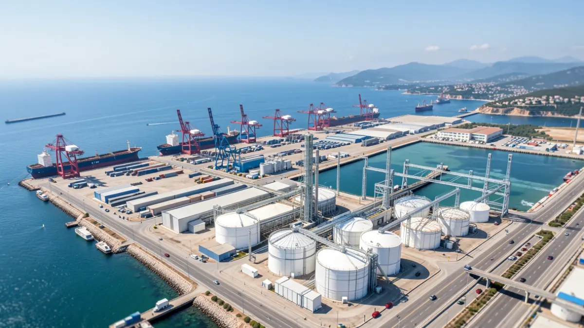 Imatge genèrica d'una instal·lació portuària industrial amb una planta de combustibles renovables.