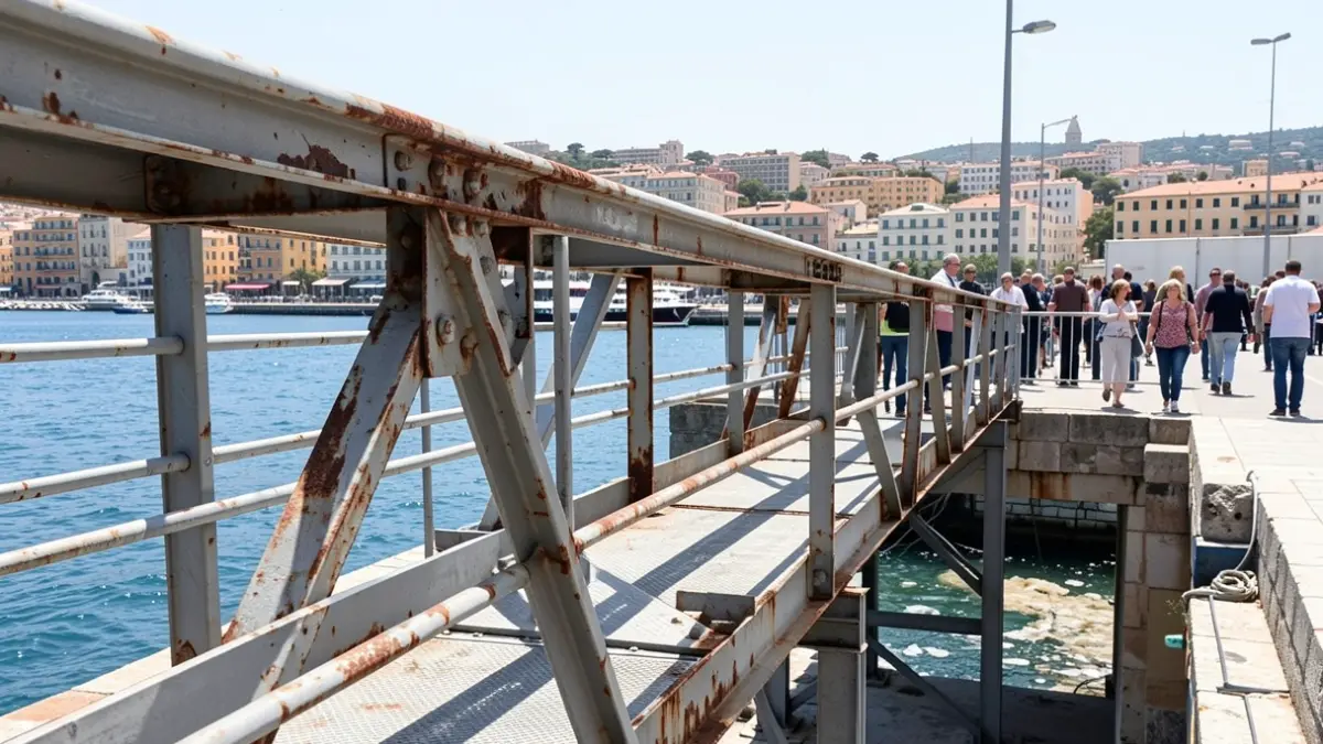 Imatge genèrica de la rehabilitació d'una estructura metàl·lica d'un passeig marítim elevat en un port mediterrani.