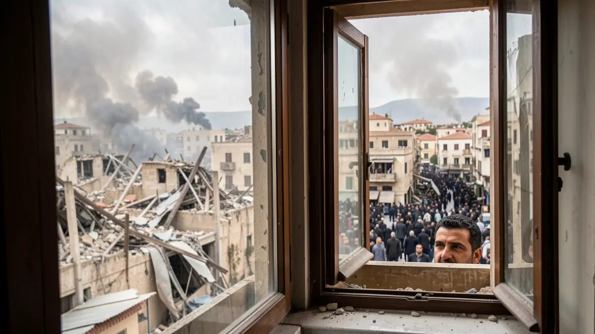 Generic image of a Palestinian man looking out a window at a destroyed urban landscape.
