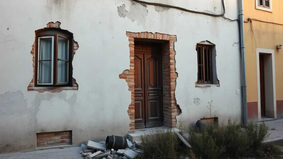 Image of a dilapidated house in a Valencian town, with debris falling and a dangerous appearance.