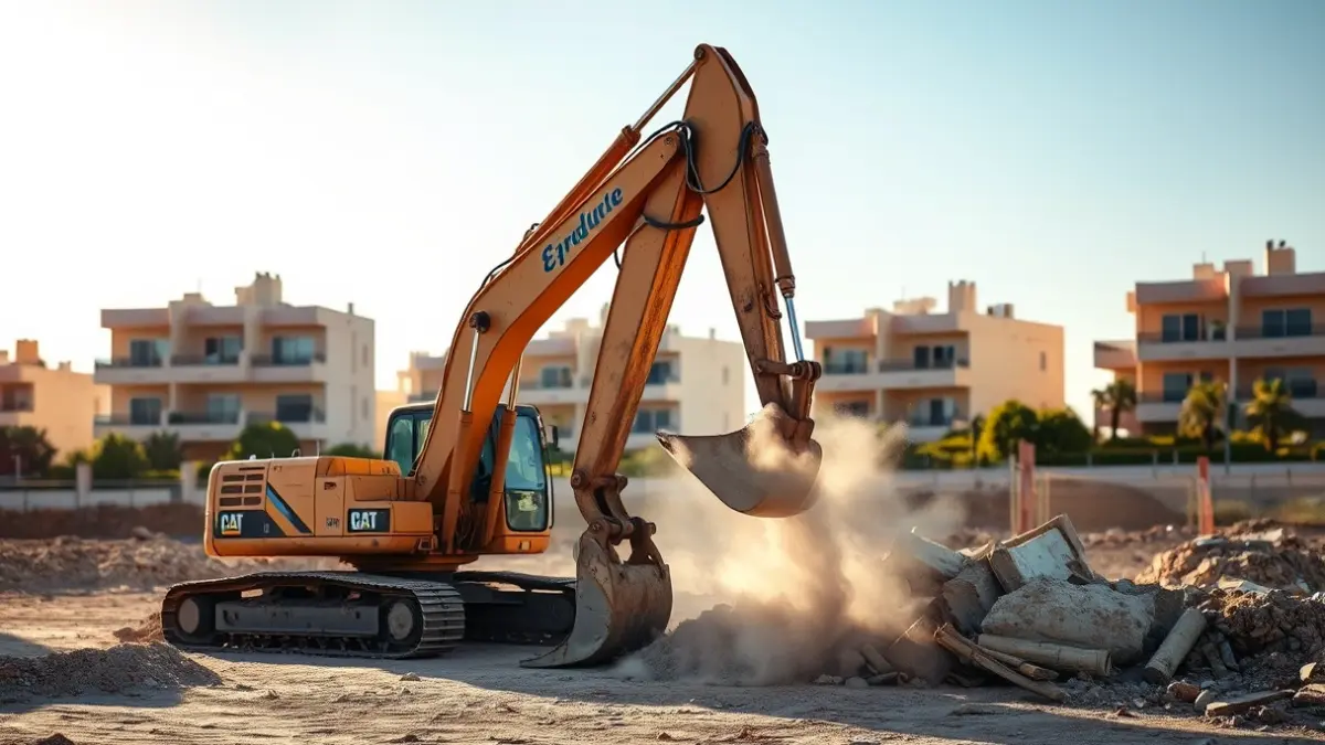 Image of a demolition excavator on a construction site in Elche, with dust in the air and residential buildings in the background.