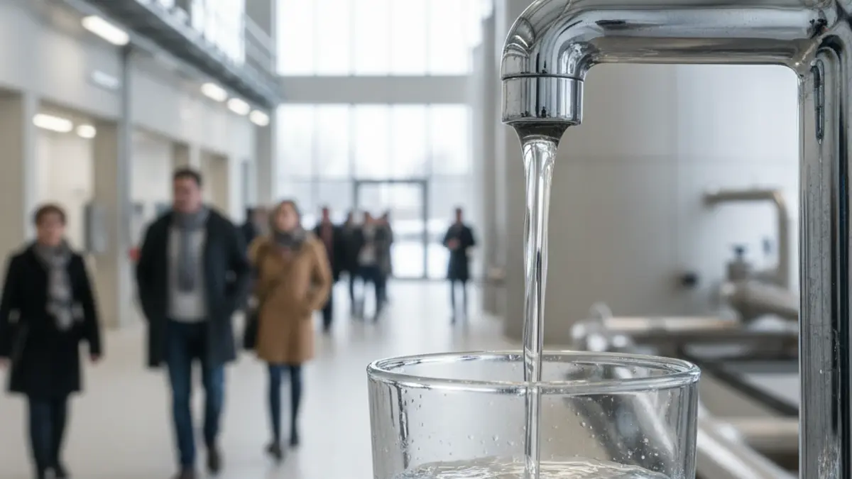 Generic image of a tap with clear water and a water treatment plant in the background.