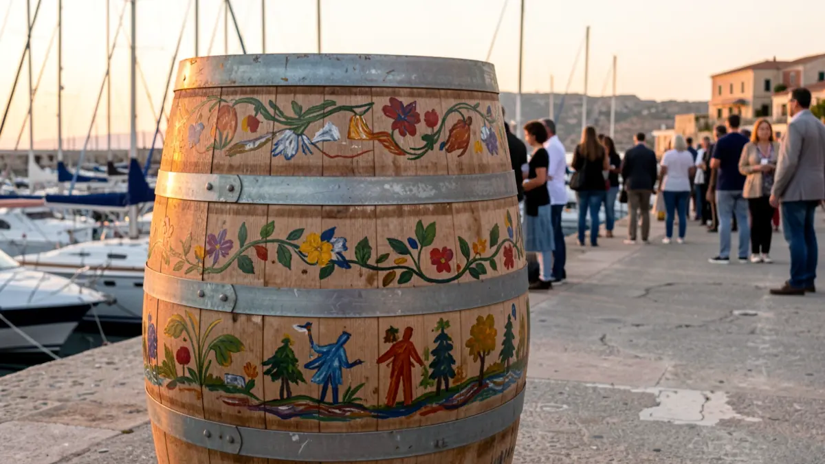 Barrica decorada con pintura en un entorno de puerto deportivo mediterráneo.