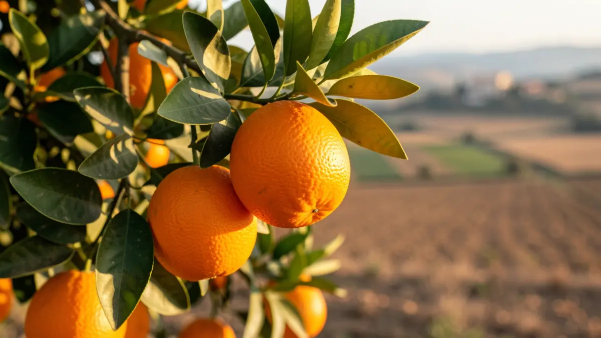Image of an orange tree with oranges and green leaves, with a Mediterranean landscape in the background.