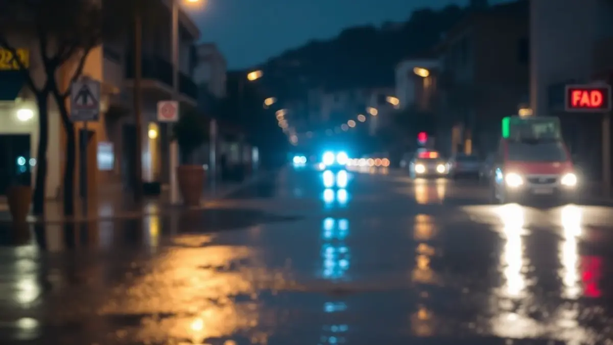 Image of a flooded road with emergency lights reflecting on the wet asphalt, symbolizing the aftermath of a flood.