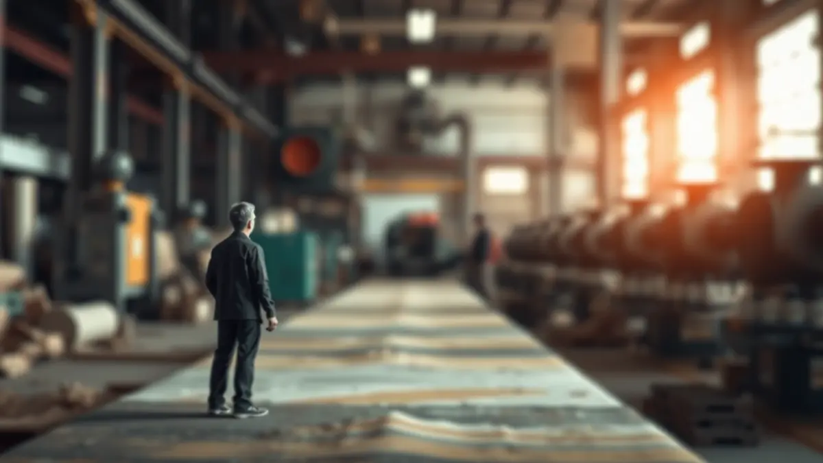 Imagen que representa la crisis económica y la resiliencia de una ciudad, con elementos industriales y una figura solitaria mirando hacia el futuro.