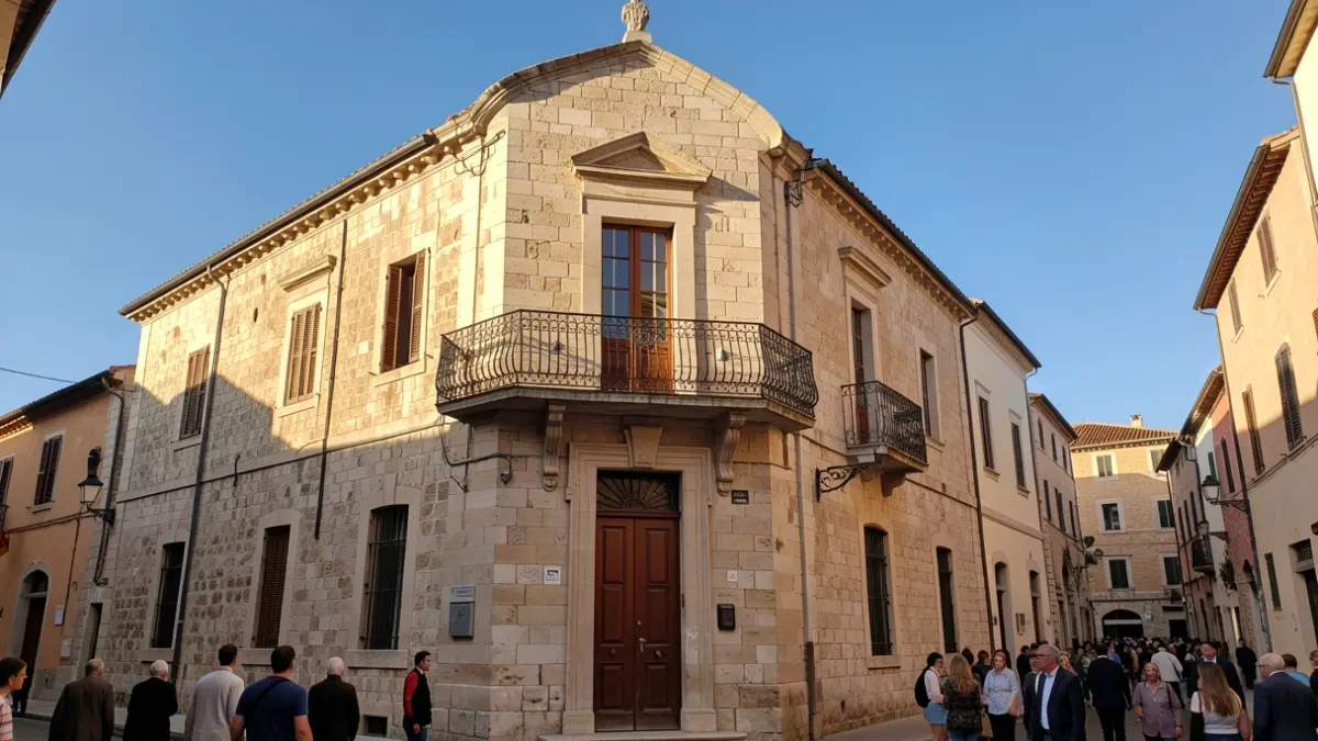 Façana d'un ajuntament mediterrani amb balcó de ferro forjat, llum de vesprada.