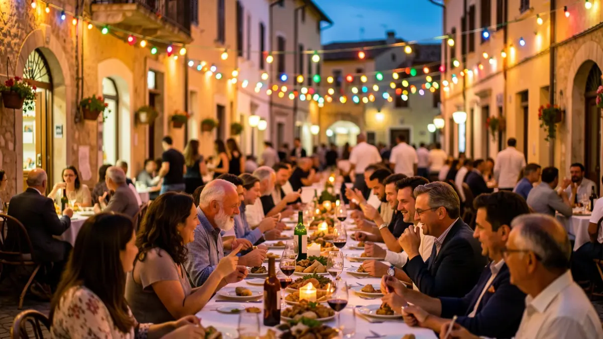 Imatge genèrica d'una plaça de poble mediterrani plena de gent celebrant una festa popular al capvespre.