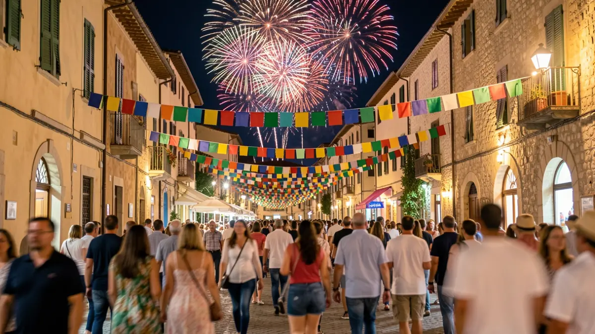 Imagen genérica de una fiesta popular en la calle con fuegos artificiales.