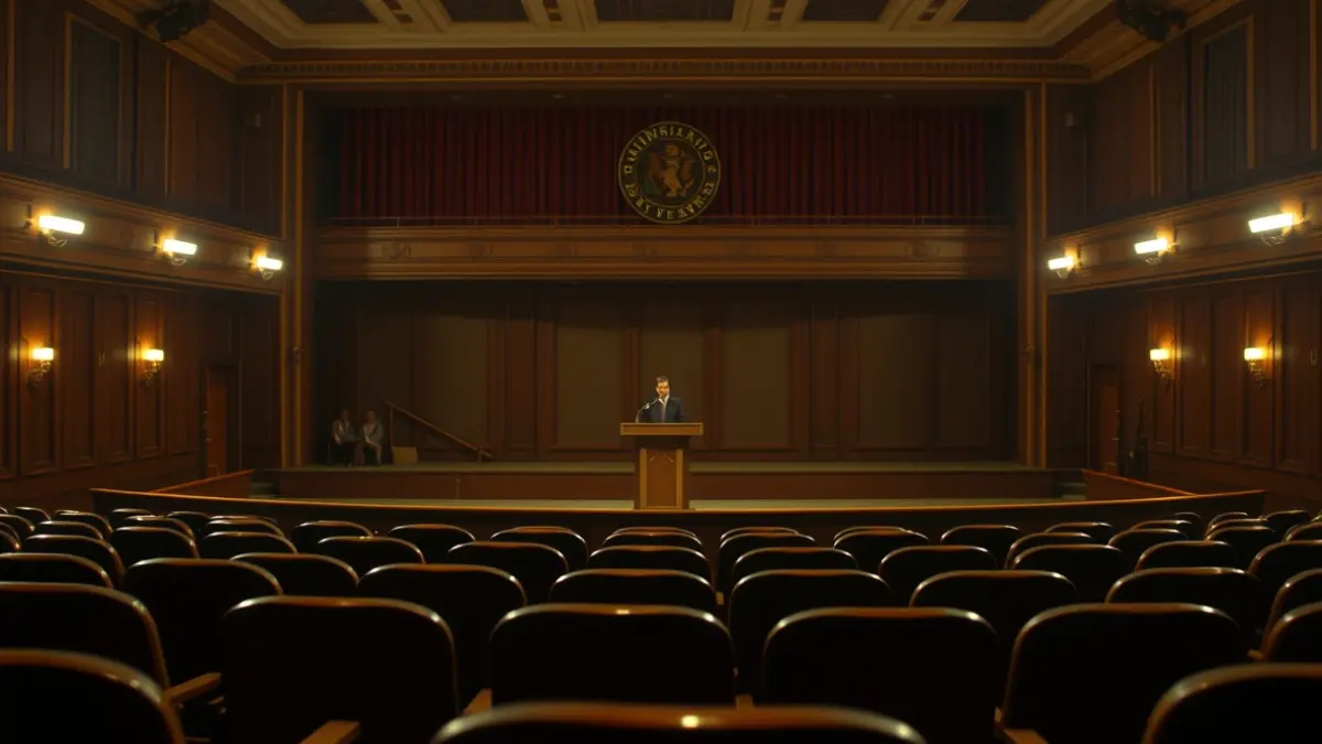 Image of the interior of a municipal auditorium with a stage and a lectern, with empty seats in the foreground.