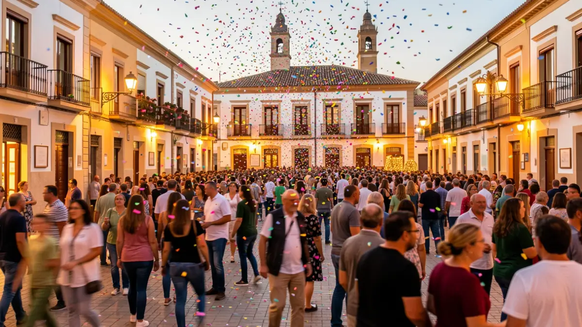 Imatge genèrica d'una celebració festiva en una plaça de la Comunitat Valenciana amb gent i confeti.