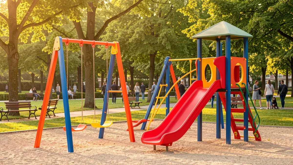 Imagen genérica de un parque infantil moderno con juegos de colores y sol de tarde.