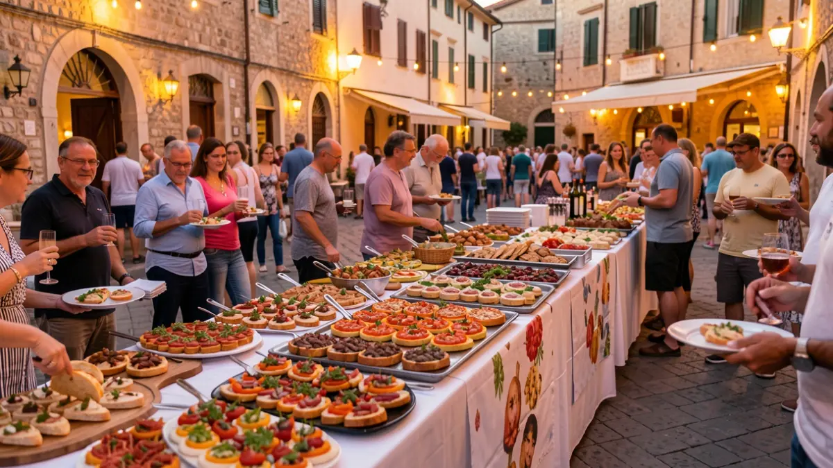 Imagen genérica de una competición de tapas en una plaza mediterránea con ambiente festivo.