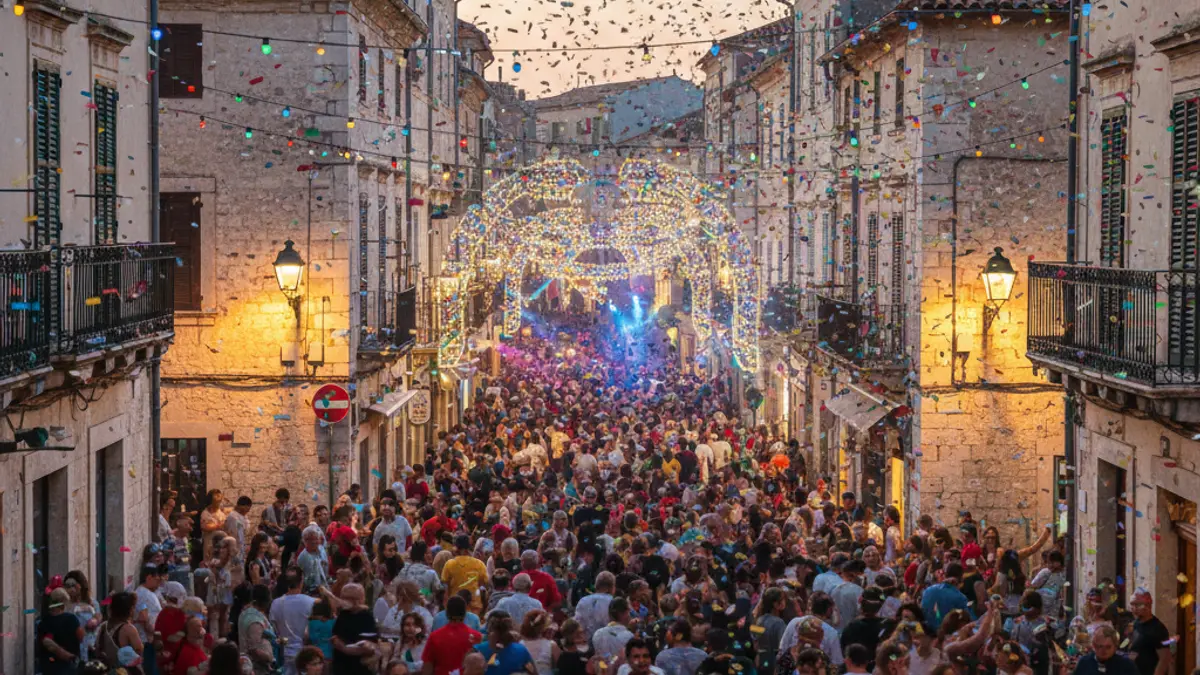 Imatge genèrica d'una festa popular en un carrer mediterrani, amb gent borrosa i llums de colors.