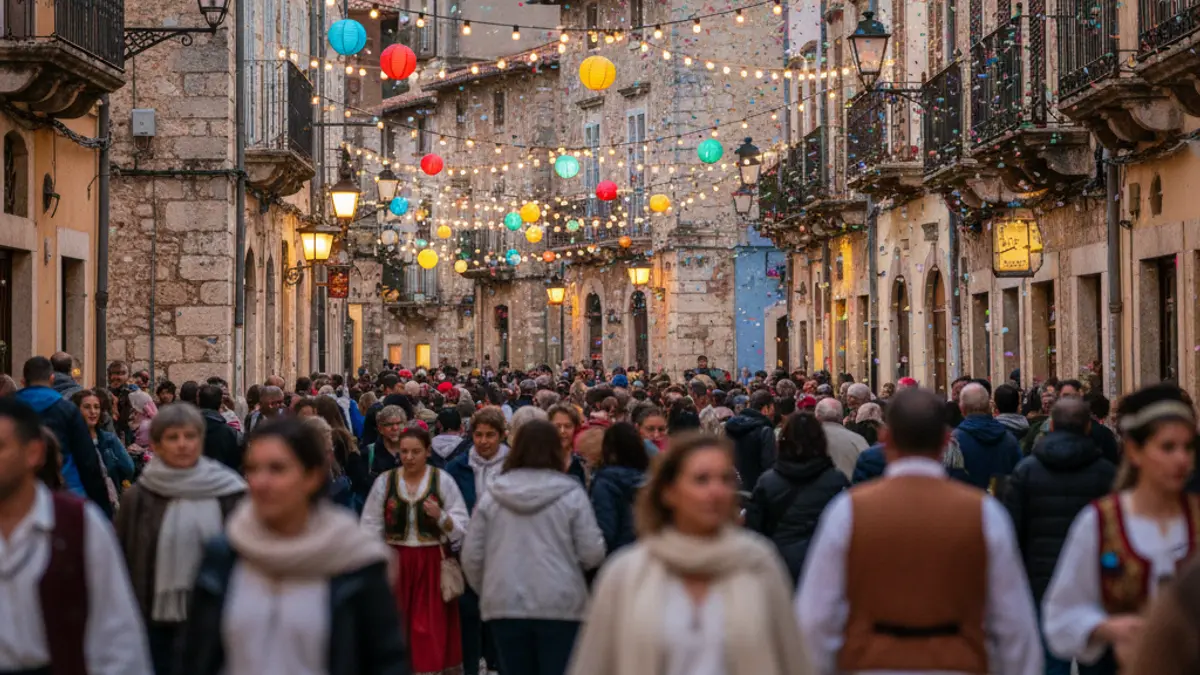 Generic image of a traditional festival in a Mediterranean town, with blurred crowds and colorful lights.