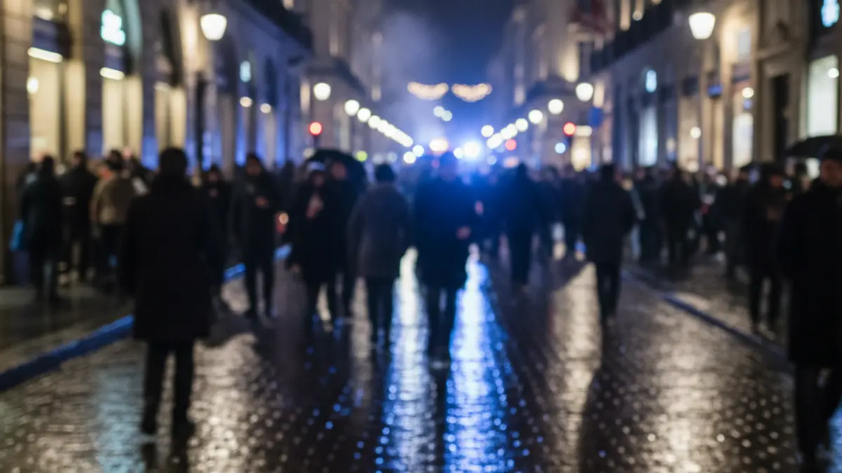 Imatge genèrica de llums d'emergència reflectint-se en l'asfalt mullat de nit, suggerint presència policial en un esdeveniment festiu.