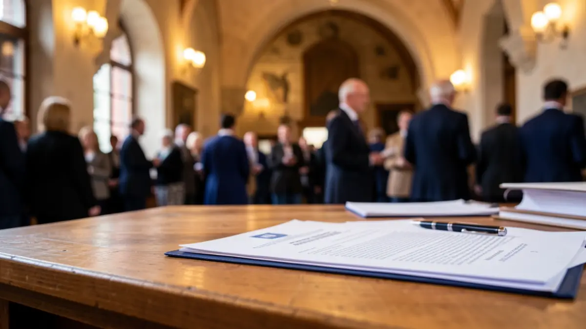 Imatge genèrica d'un escriptori amb documents i un bolígraf en un interior d'ajuntament.
