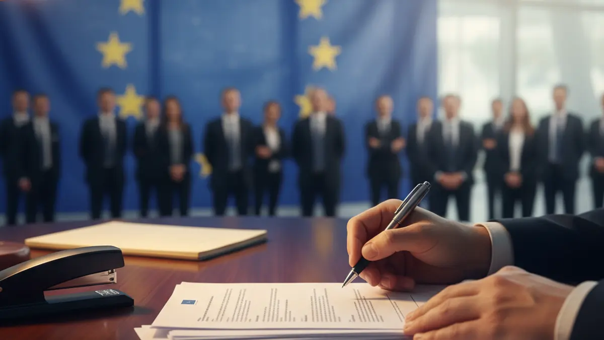 Imatge genèrica de mans signant documents oficials, amb la bandera de la Unió Europea desenfocada al fons.