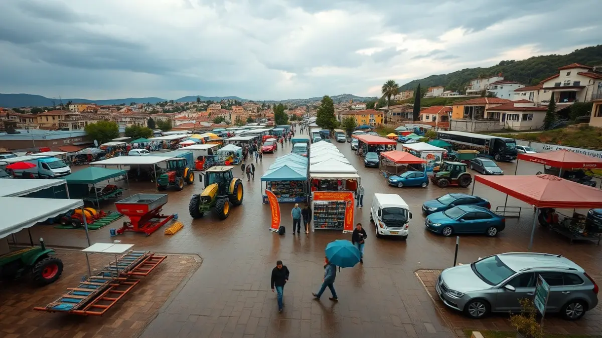 Image of an outdoor multisectoral fair with agricultural machinery and automotive displays, with some people holding umbrellas due to rain.