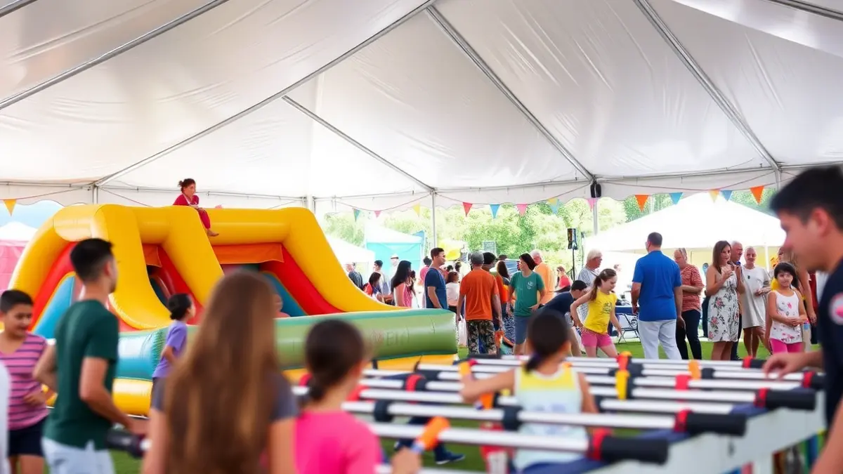 Imagen de un evento familiar con hinchables y actividades lúdicas en una carpa.