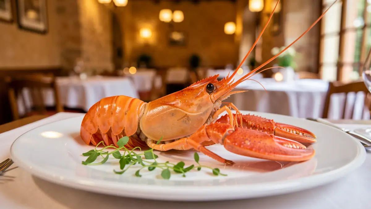Primer pla d'un llagostí servit en un plat, amb detalls del restaurant al fons.