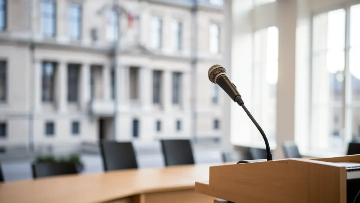 Generic image of a microphone on a podium, simulating a political press conference.