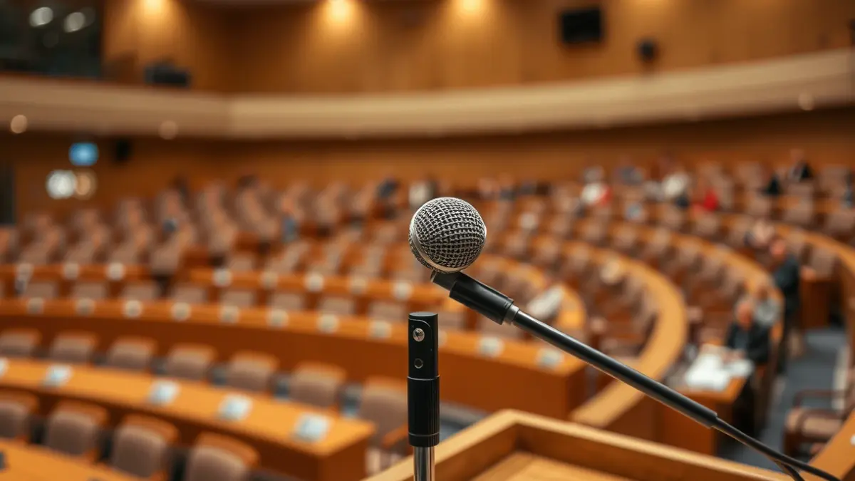 Generic image of a microphone on a podium in a municipal plenary hall, symbolizing political debate.