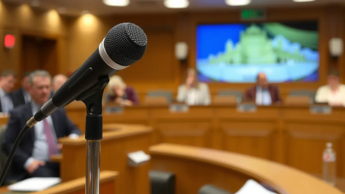Imatge genèrica d'un micròfon en un faristol en una sala de plens municipal, simbolitzant el debat polític.