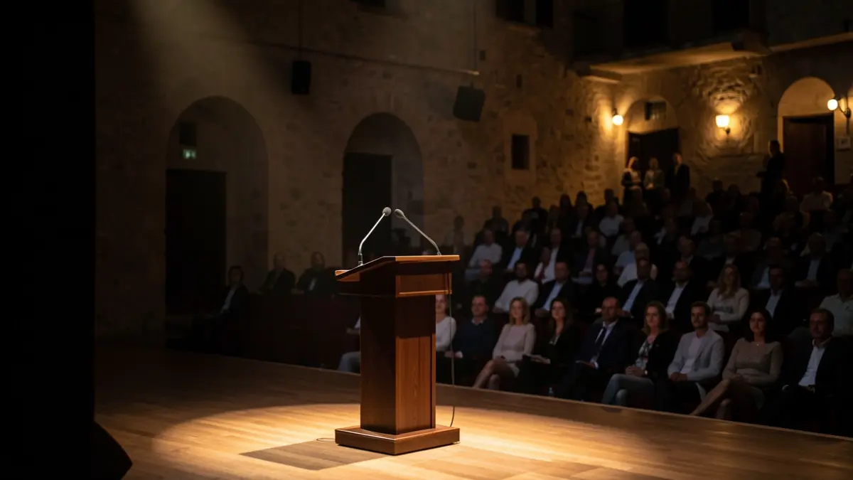 Imatge genèrica d'un escenari de teatre amb un faristol i un micròfon.