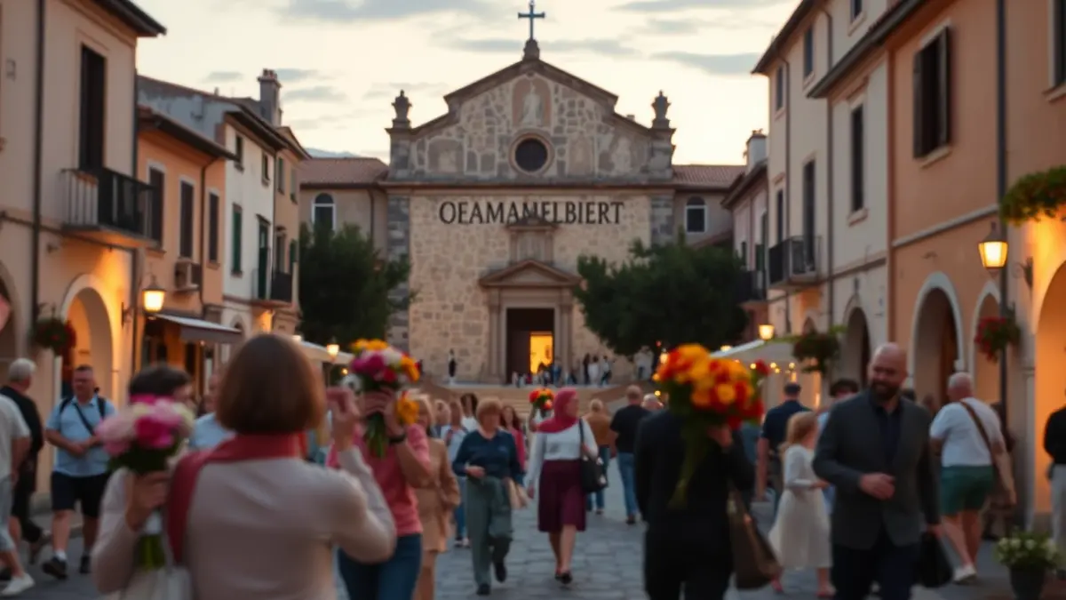 Image of a flower offering in a traditional Mediterranean square, with blurred figures and a church in the background.