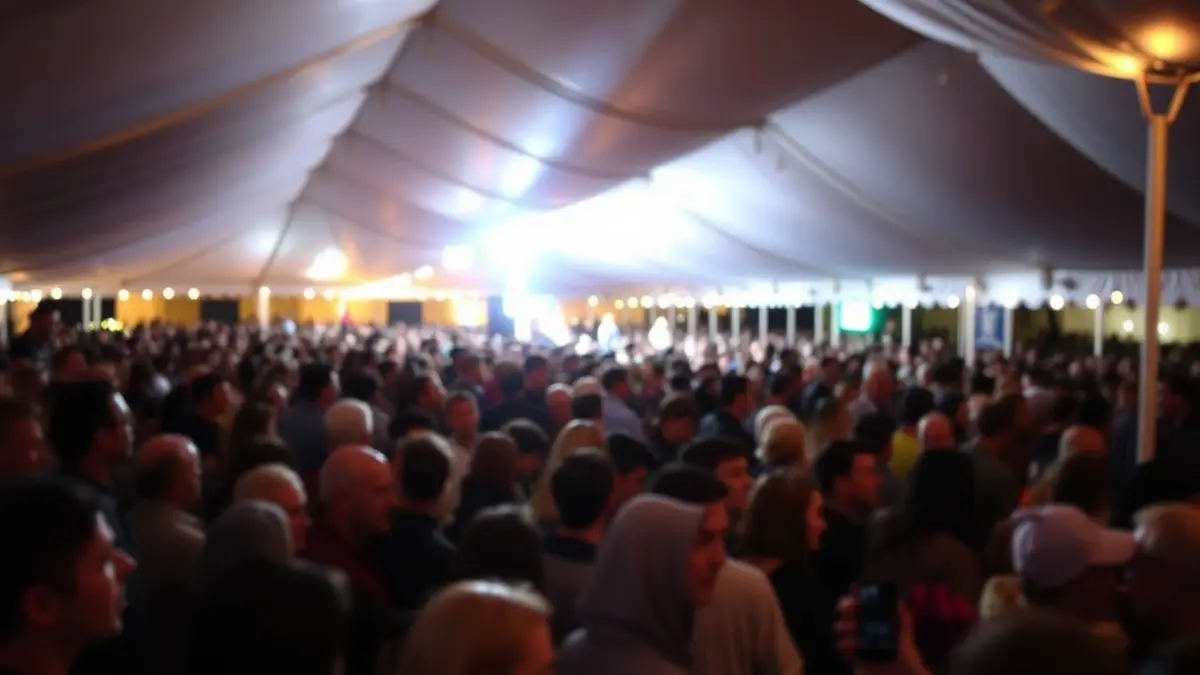 Imatge genèrica d'una carpa plena de gent en un esdeveniment nocturn, amb llums d'escenari i un ambient càlid.