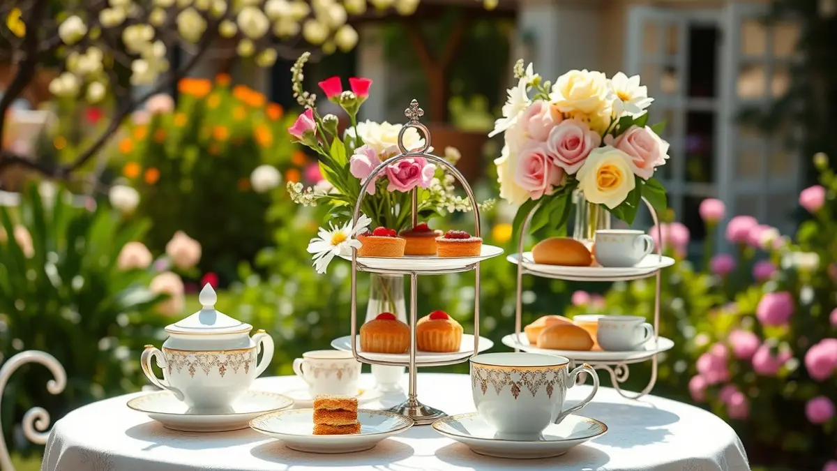 Imatge d'una taula de te anglesa amb tasses de porcellana, flors i pastes, en un jardí mediterrani.