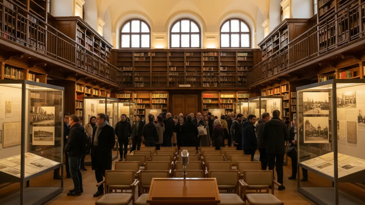 Imagen de una sala de exposiciones con documentos históricos y fotografías, con un ambiente cálido y de reflexión.