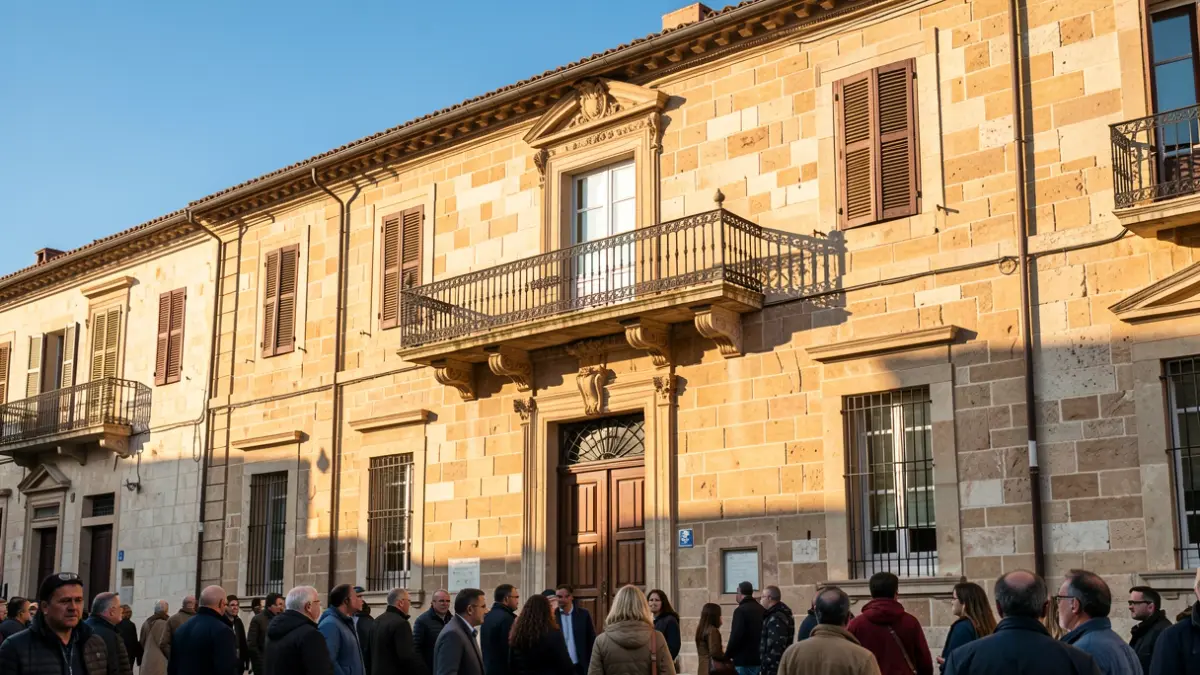 Imatge genèrica de la façana d'un ajuntament mediterrani amb balcó i baranes de ferro, llum de vesprada.