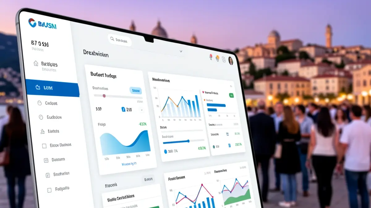 Imatge genèrica d'un visor pressupostari digital amb gràfics i un fons urbà.