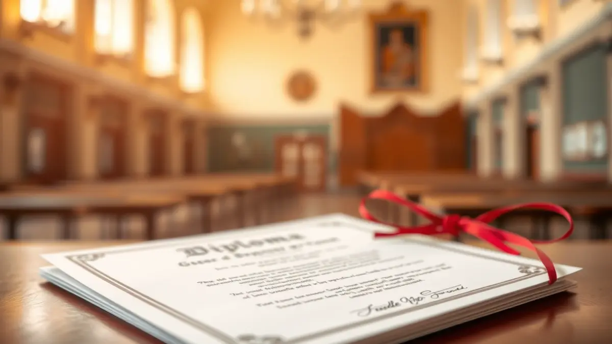 Generic image of a diploma or certificate, with a blurred background of a school hall, symbolizing academic recognition.