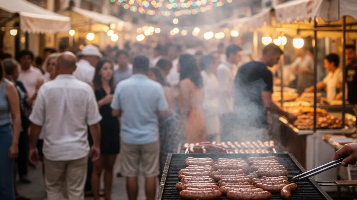 Imagen de una fiesta popular con gente y puestos de comida, donde se cocinan butifarras en una parrilla.