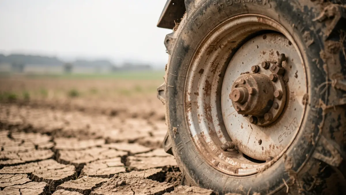 Imatge genèrica de la roda d'un tractor en un camp valencià.