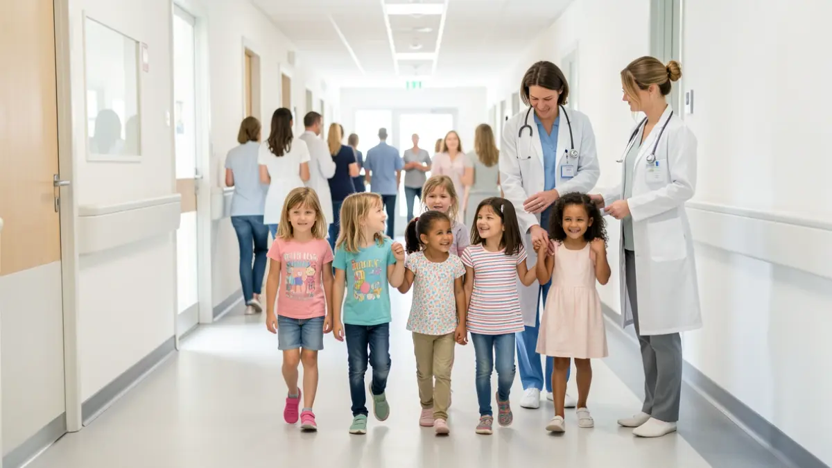 Imatge genèrica d'un hospital amb personal mèdic atenent menors.