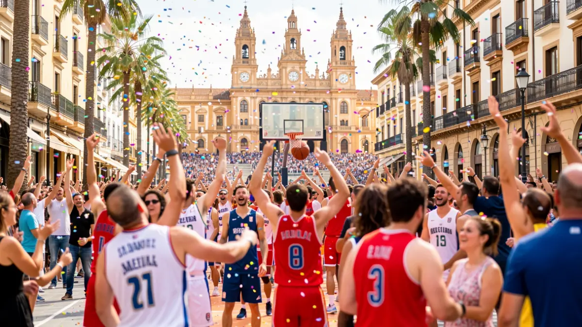 Generic image of a sports celebration in Valencia with Mediterranean architecture.
