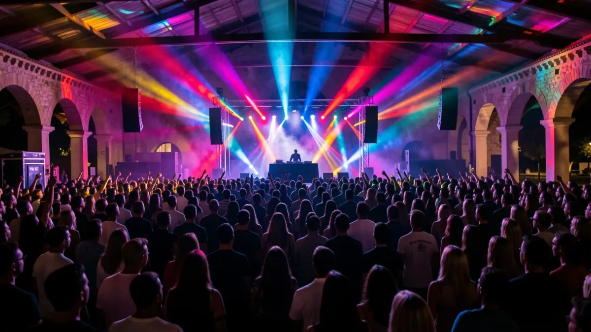 Generic image of a nighttime electronic music festival with lights and a festive atmosphere.