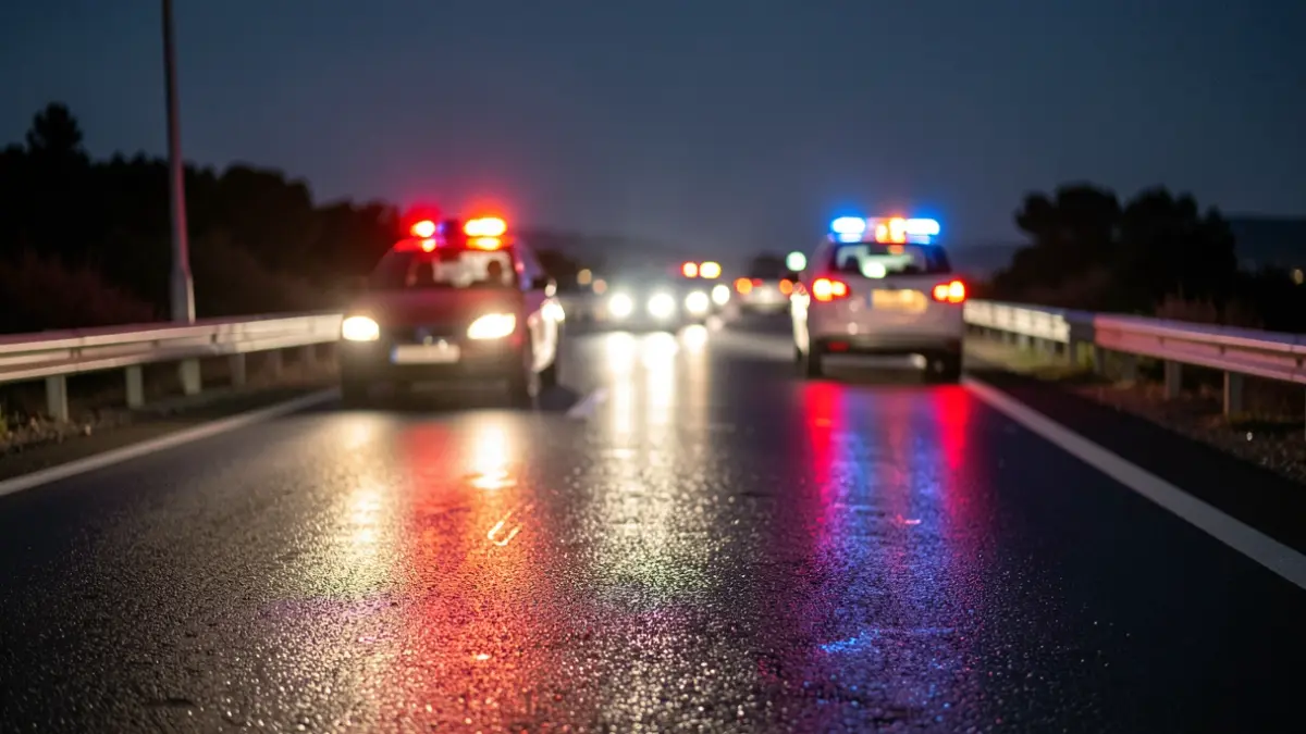 Imagen genérica de luces de emergencia y tráfico en una carretera mojada.